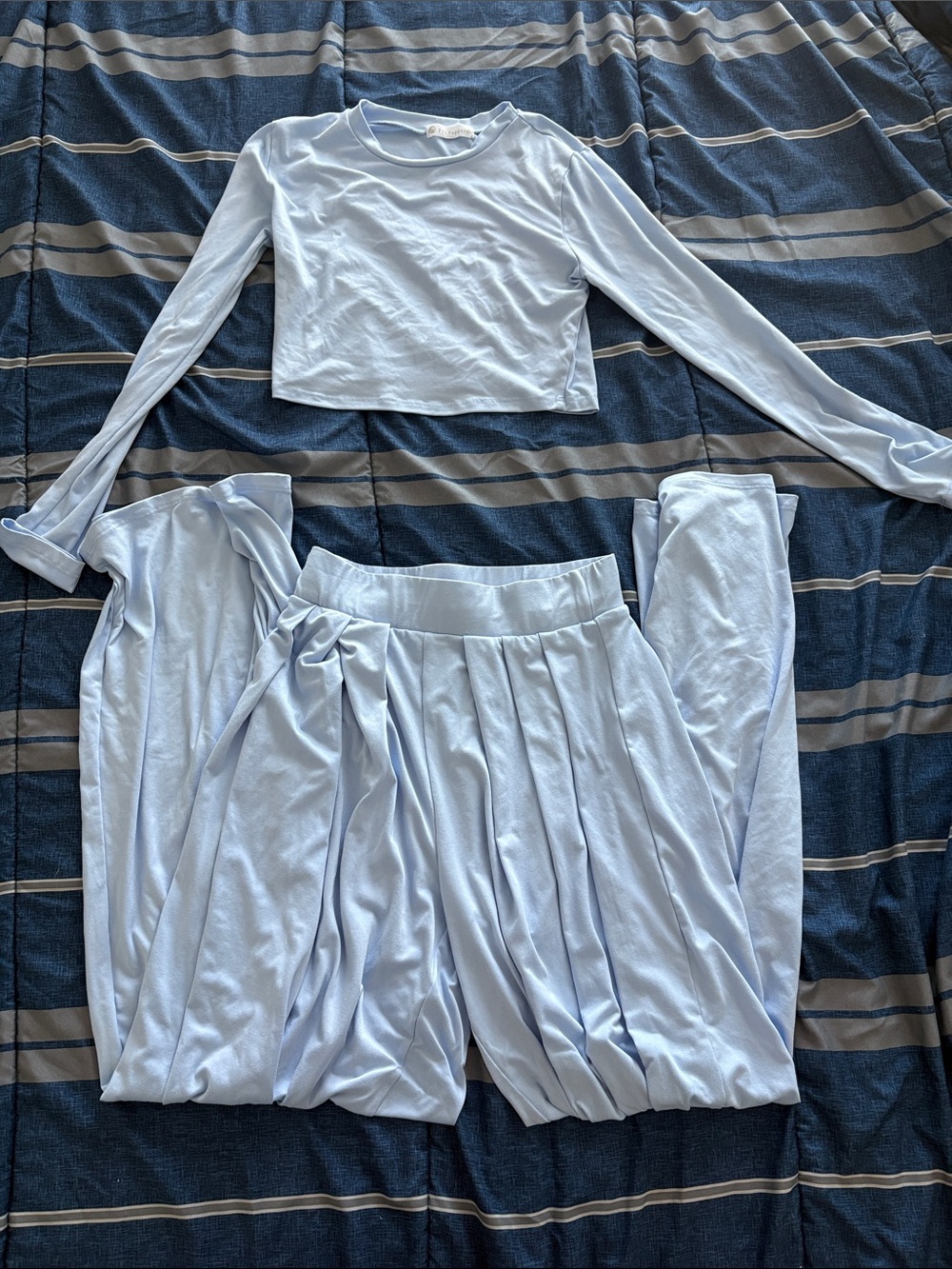 Light Blue  FSL apparel long sleeve crop top and wide leg pant lounge set